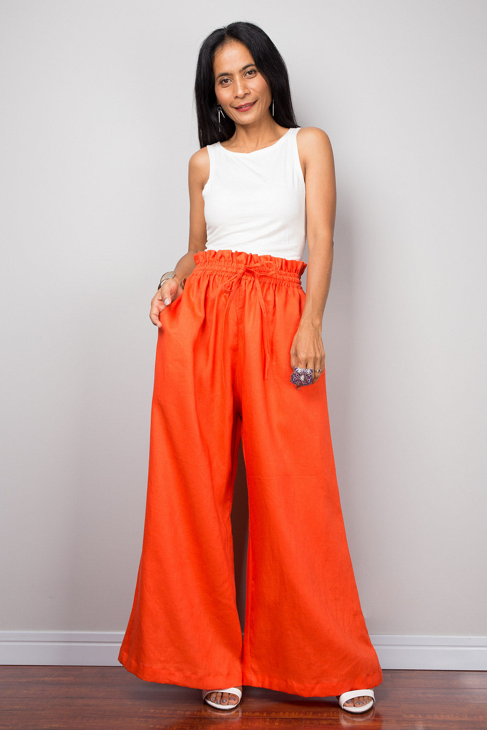 Orange linen wide leg palazzo pants