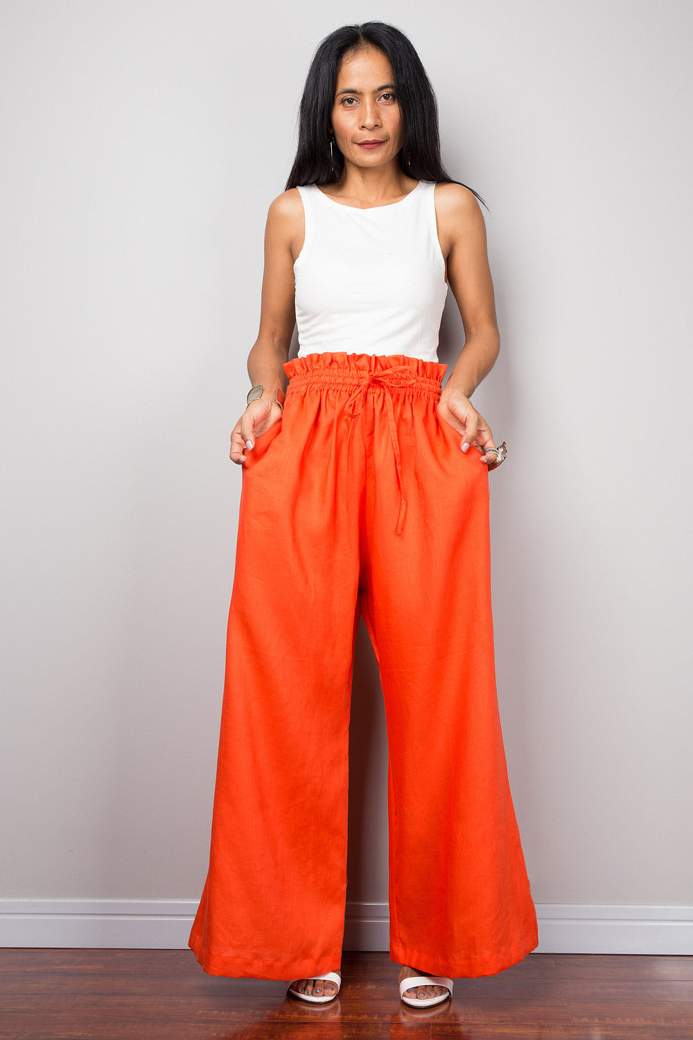 Orange linen wide leg palazzo pants