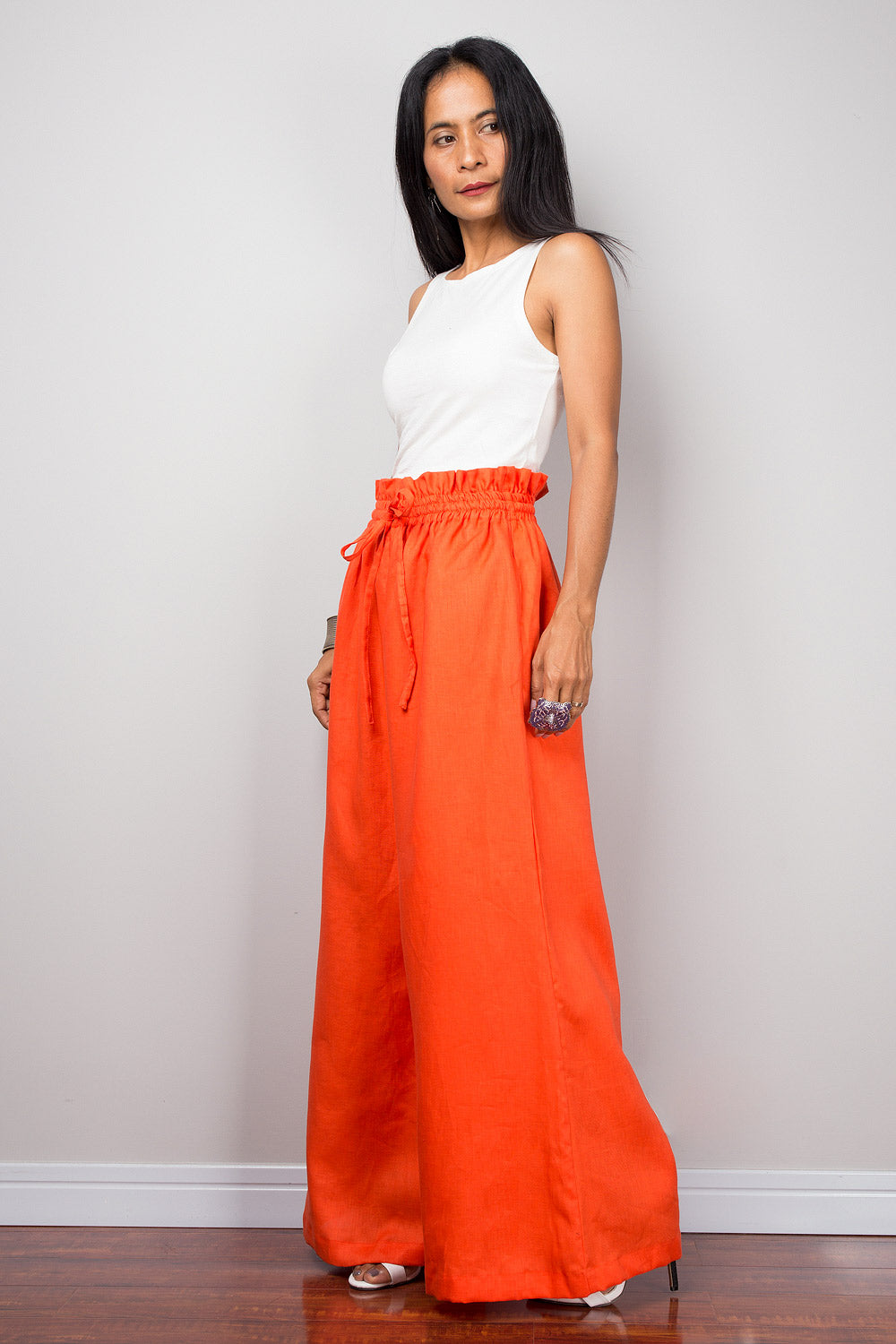 Orange linen wide leg palazzo pants