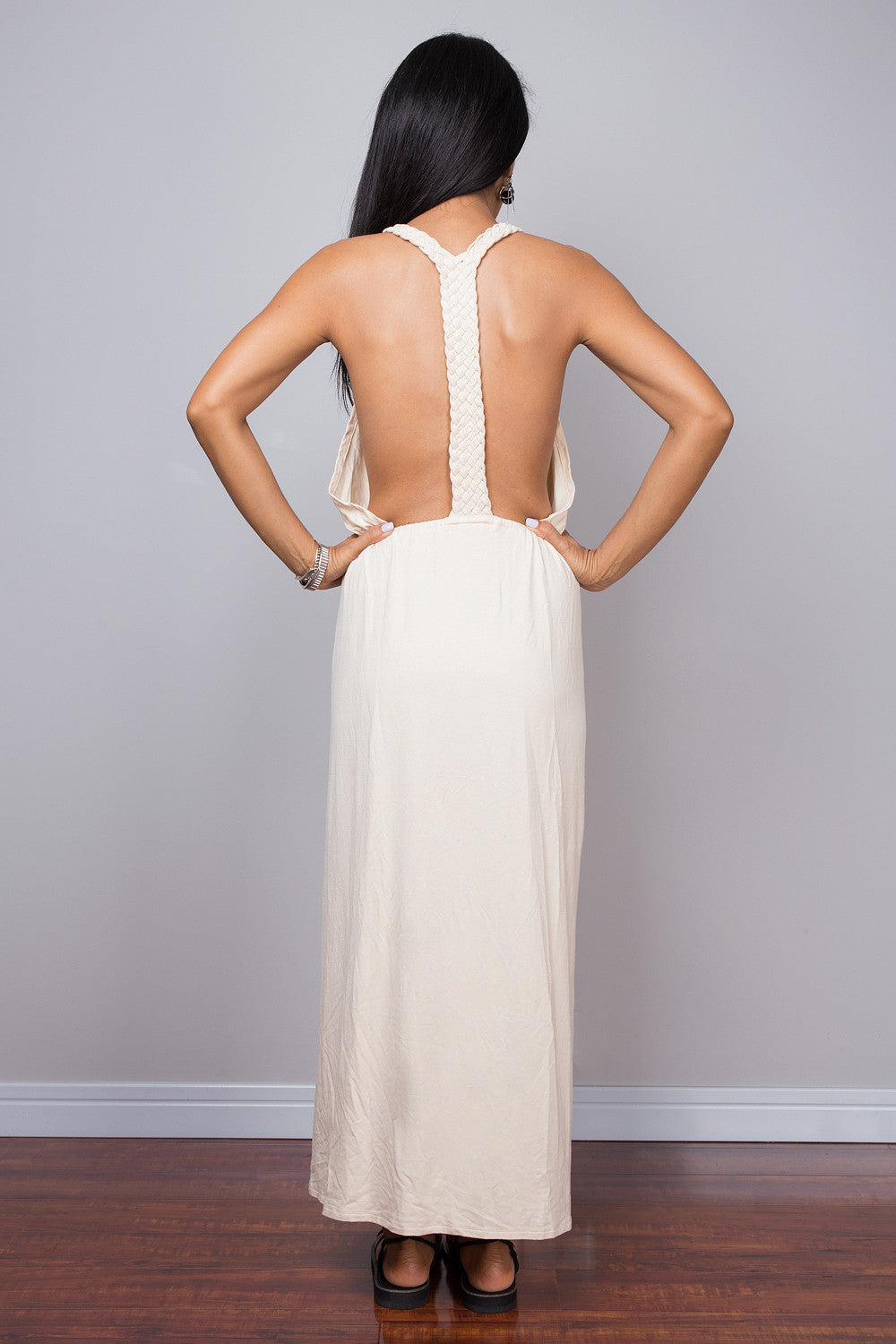 Cream dress, Halter dress, backless dress, midi dress, sleeveless dress, long cream dress, split dress, open back dress