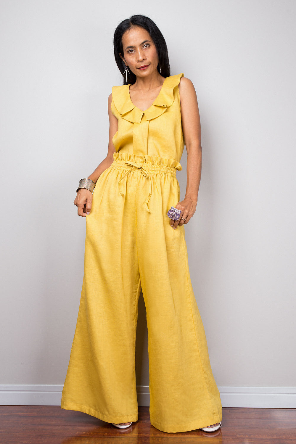 Yellow linen wide leg palazzo pants