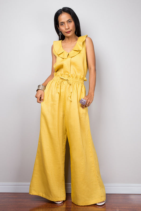 Yellow linen wide leg palazzo pants