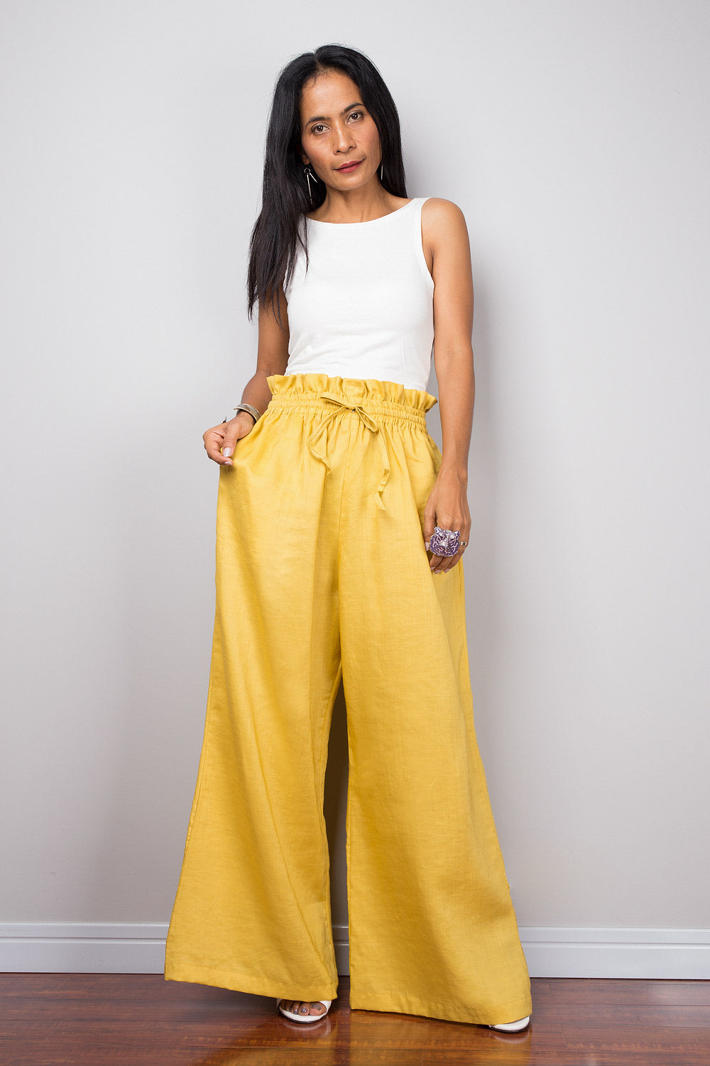 Yellow linen wide leg palazzo pants