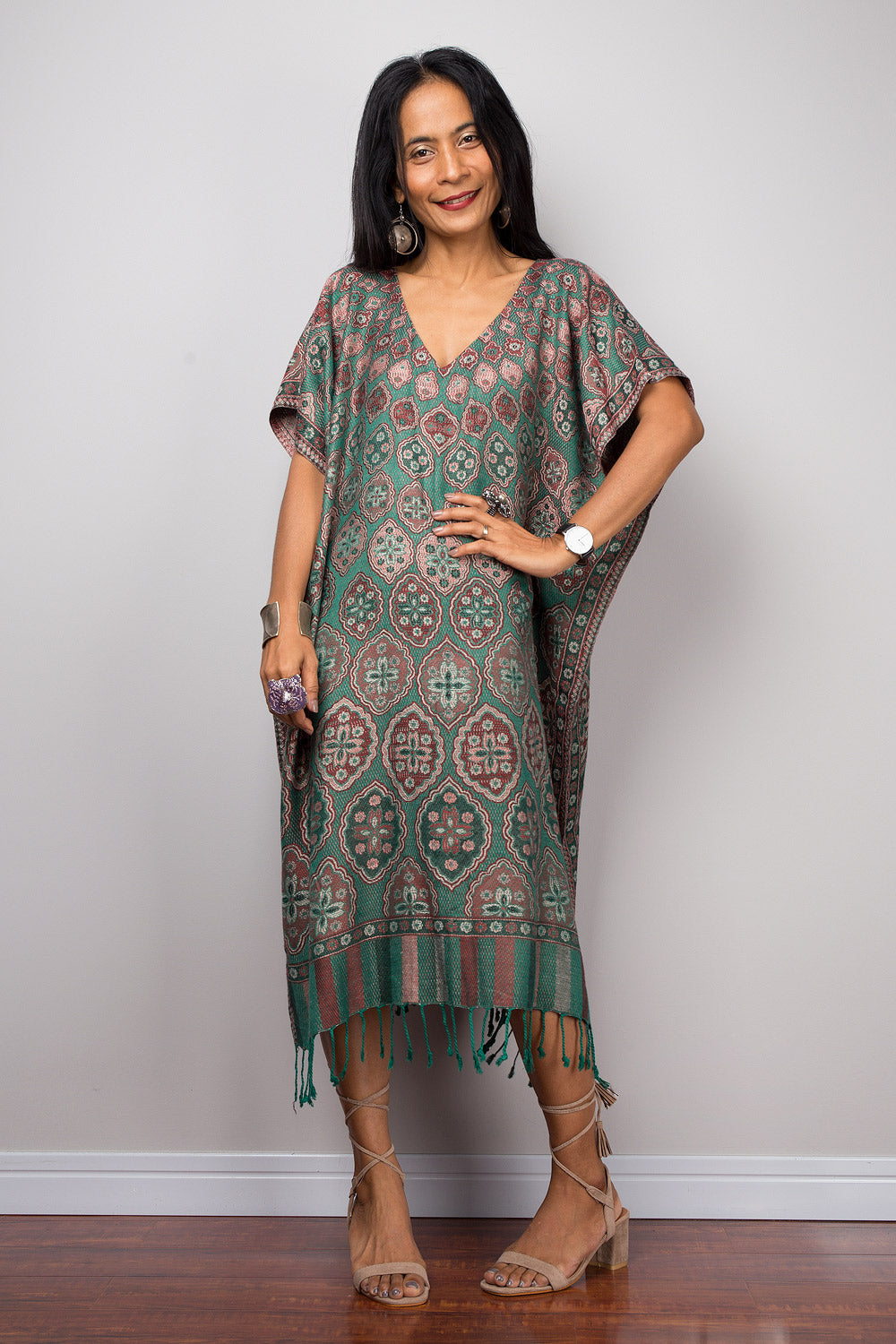 Kaftan, Women's Green Tunic, Short kaftan, Summer tunic, Boho dress, Beach wear, Midi kaftan