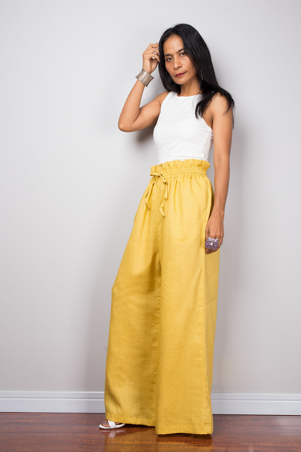 Yellow linen wide leg palazzo pants