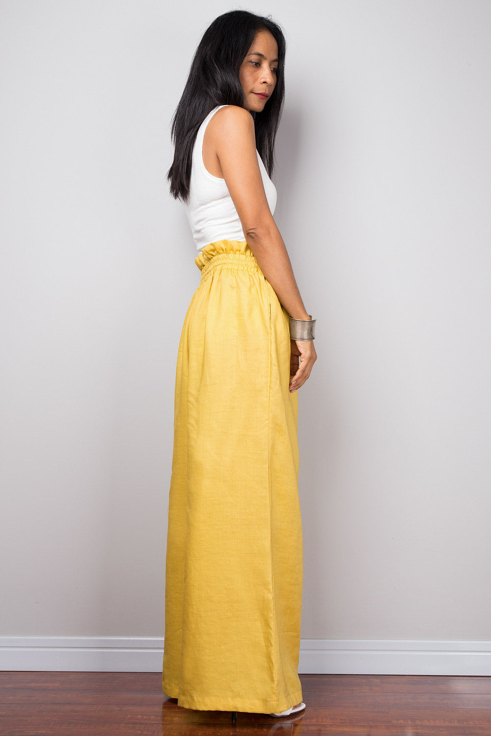 Yellow linen wide leg palazzo pants