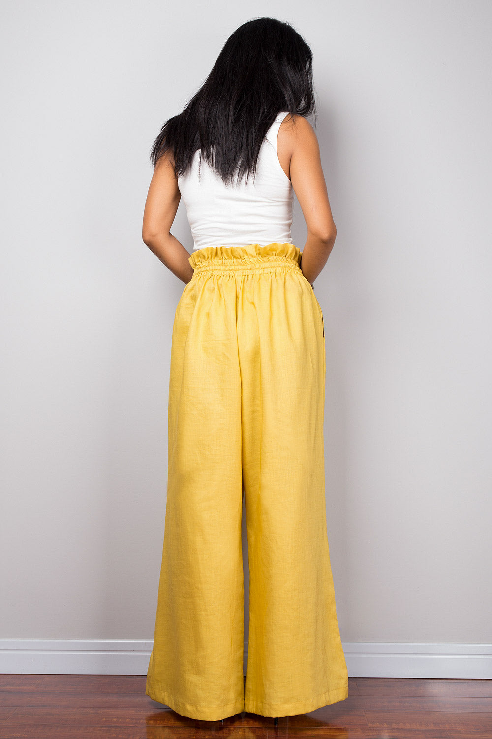 Yellow linen wide leg palazzo pants