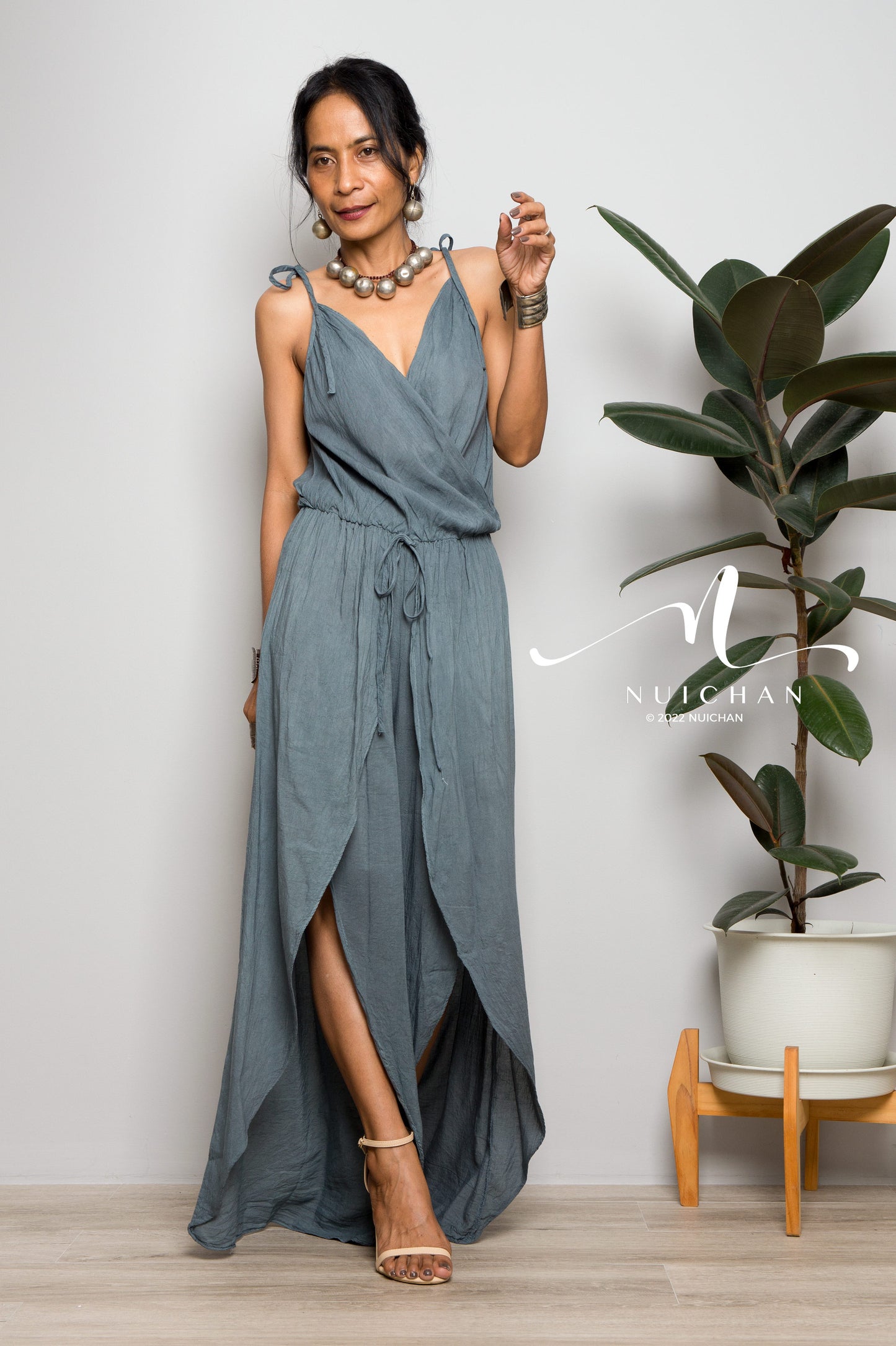 Nuichan women's cotton jumpsuit | Grey cotton cami jumper with splits