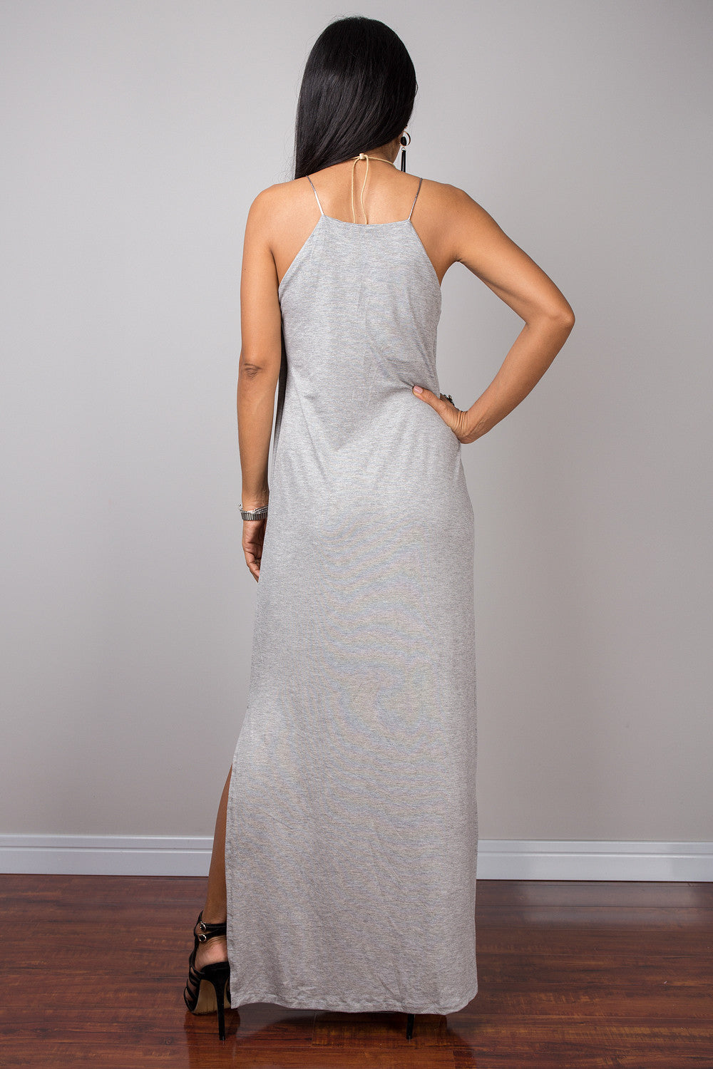 Grey dress, Spaghetti halter dress, summer dress, maxi dress, sleeveless dress, long grey dress, split dress, tube dress