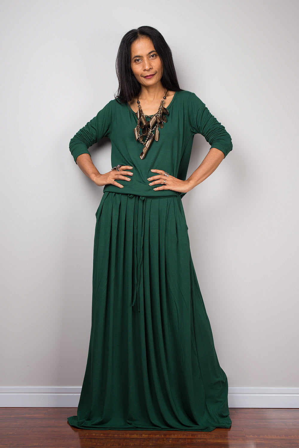 Green maxi dress, long sleeve green dress with pockets : Autumn Thrills Collection No.1s  (Best Seller)