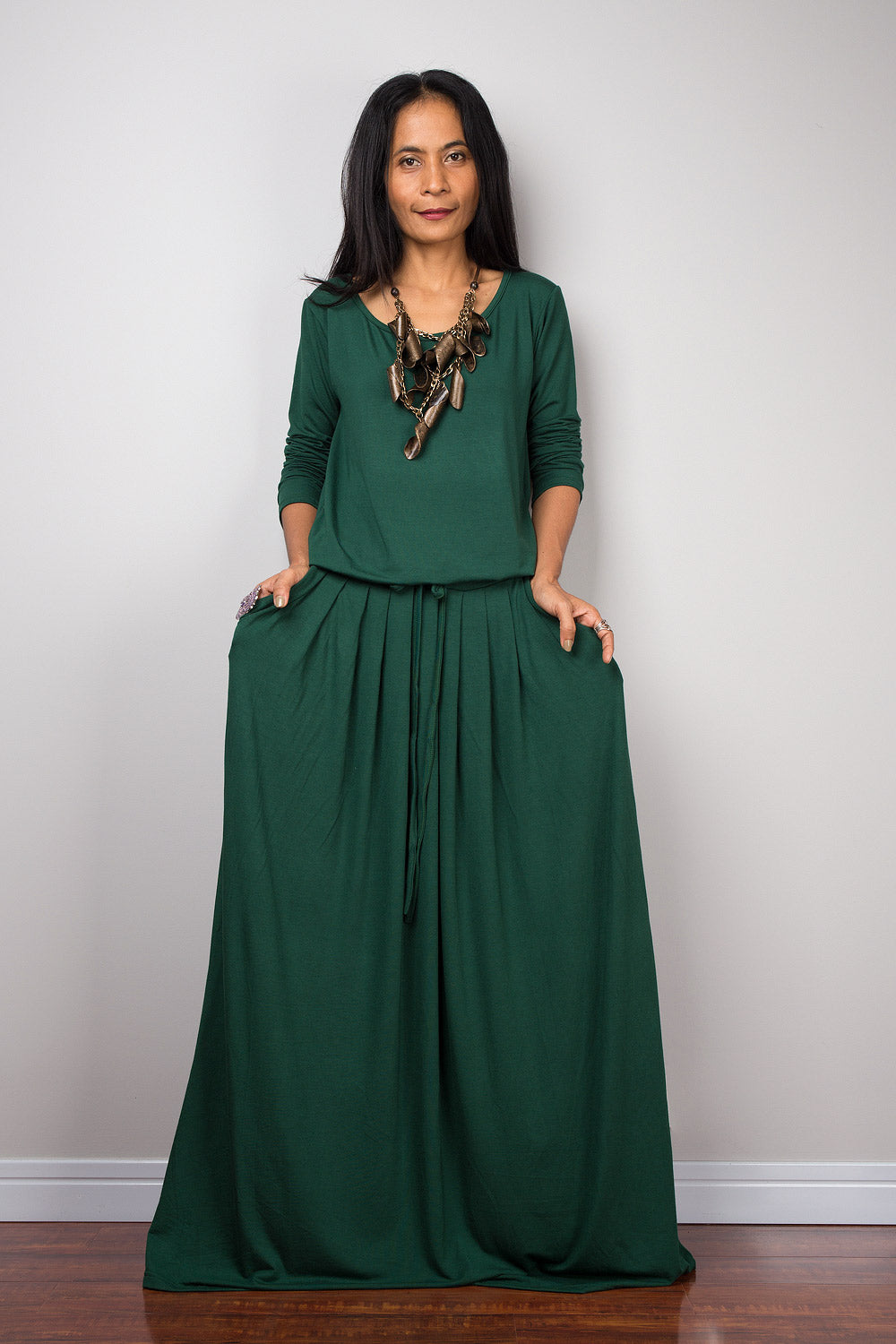 Green maxi dress, long sleeve green dress with pockets : Autumn Thrills Collection No.1s  (Best Seller)