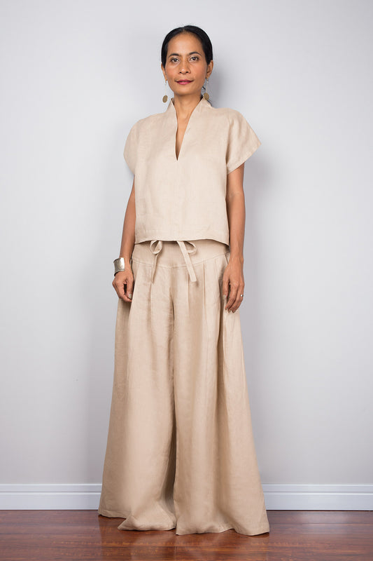 Linen wide leg palazzo pants. High waist women's summer pants