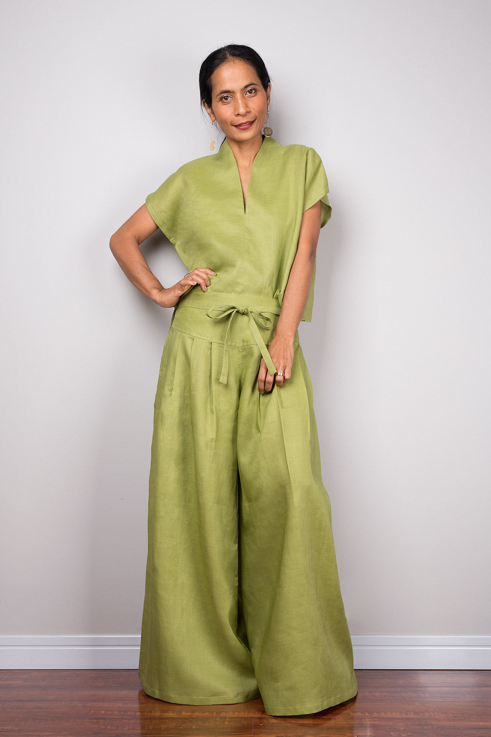 Handmade green linen long wide leg palazzo pants. Olive green high waist women's summer pants