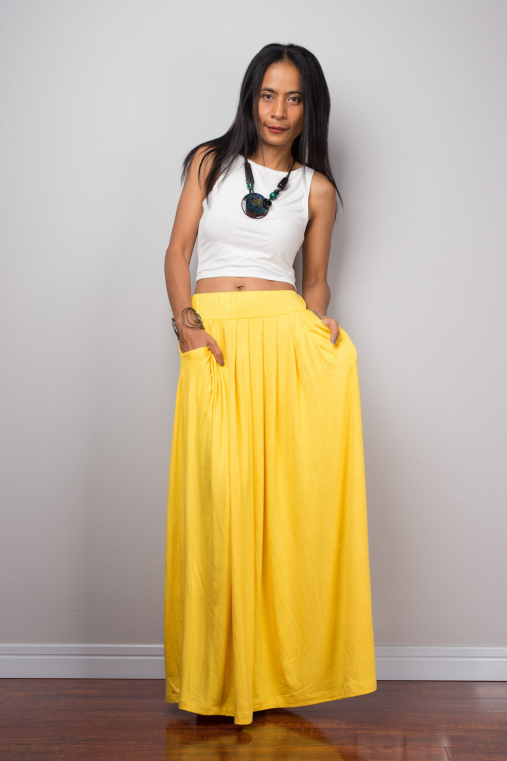 Yellow maxi skirt. Long yellow pleated skirt with pockets by Nuichan