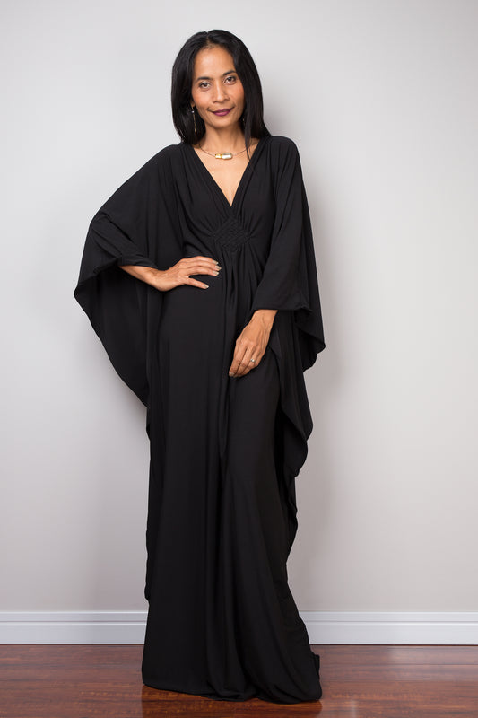 Black kaftan dress for women.  Kimono caftan batwing dress design by Nuichan