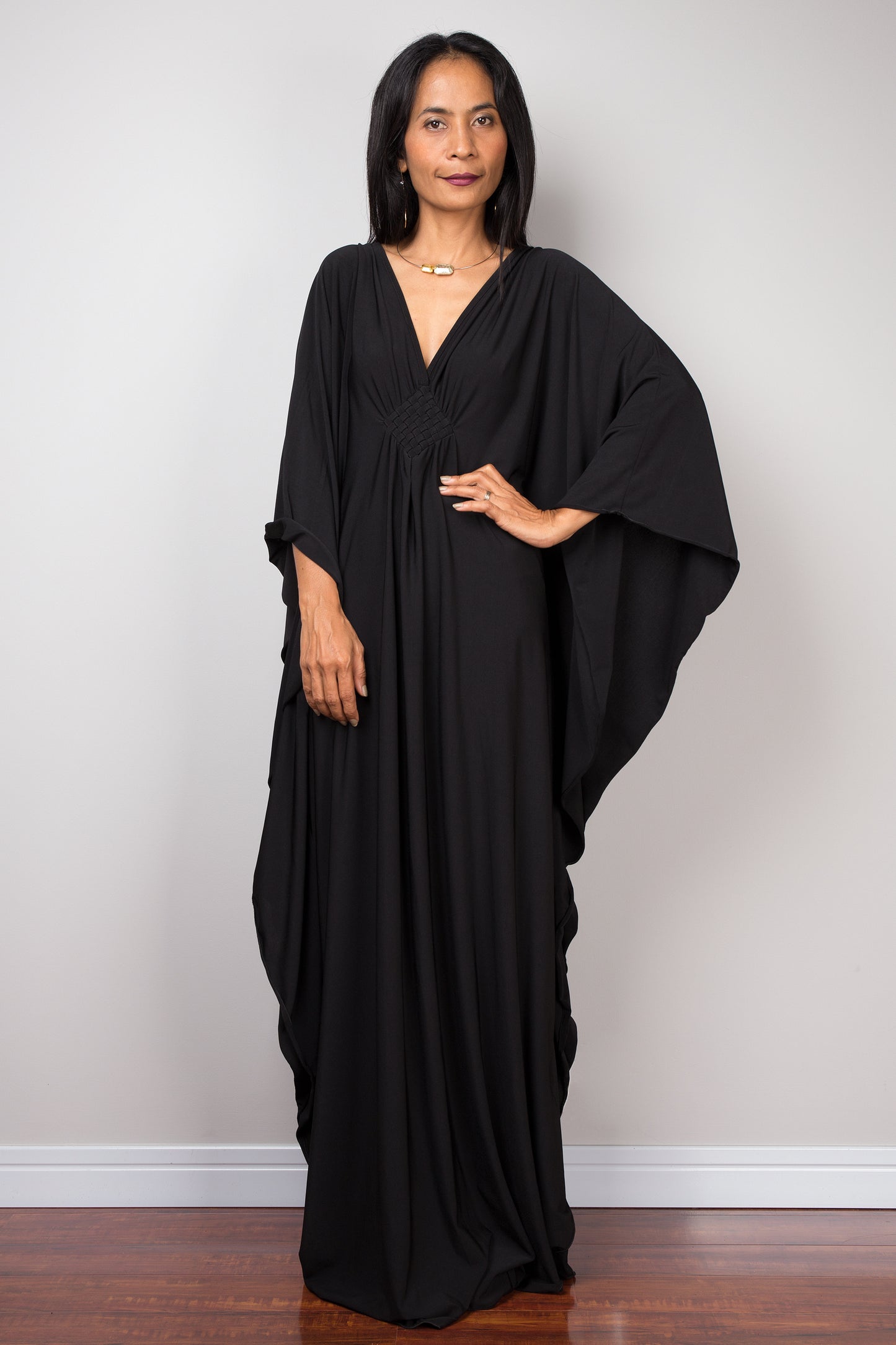 Women's long kaftan black dress online. Black caftan maxi dress, kimono style by Nuichan