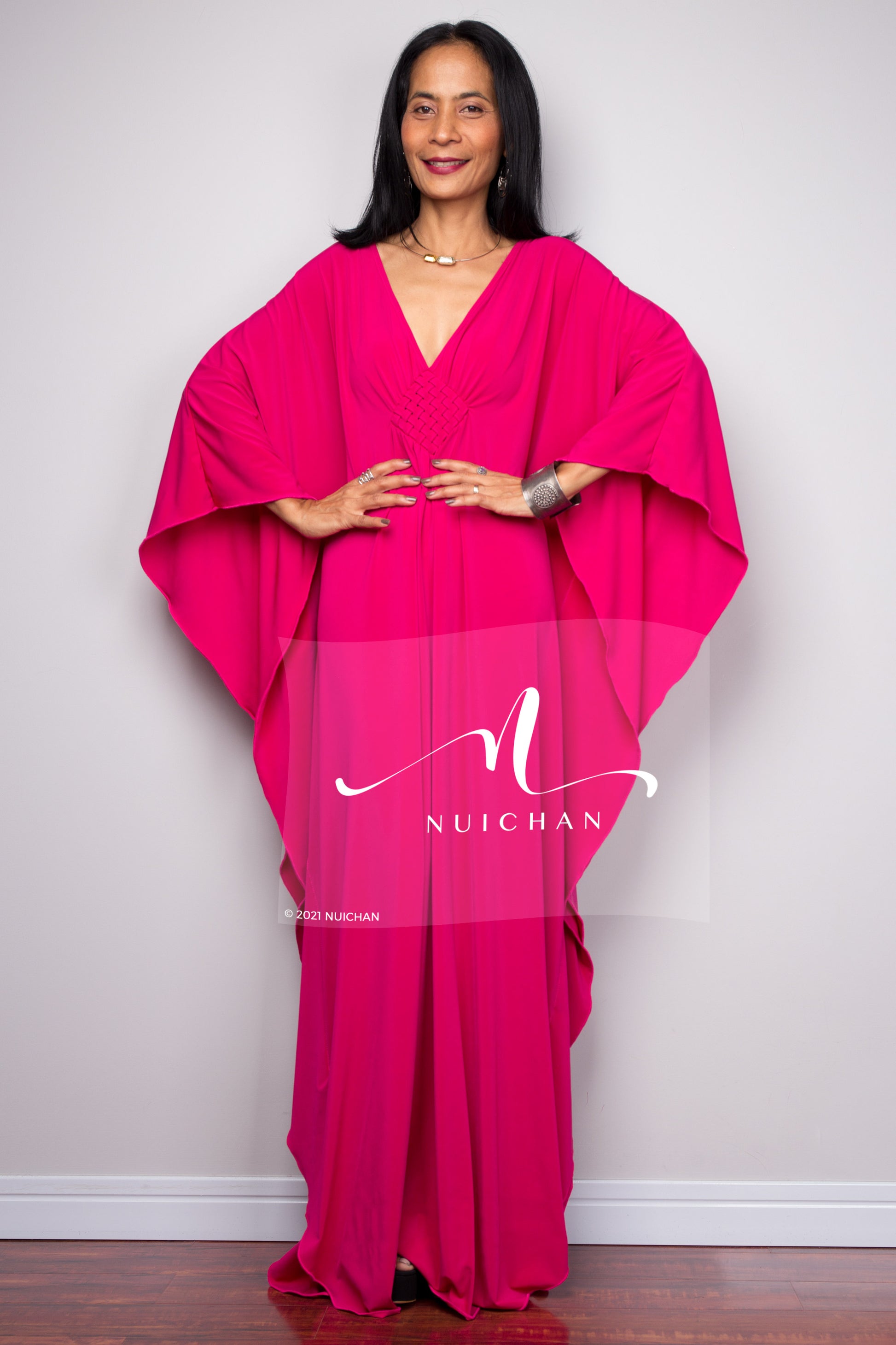 Pink Kaftan dress with v neck - front view