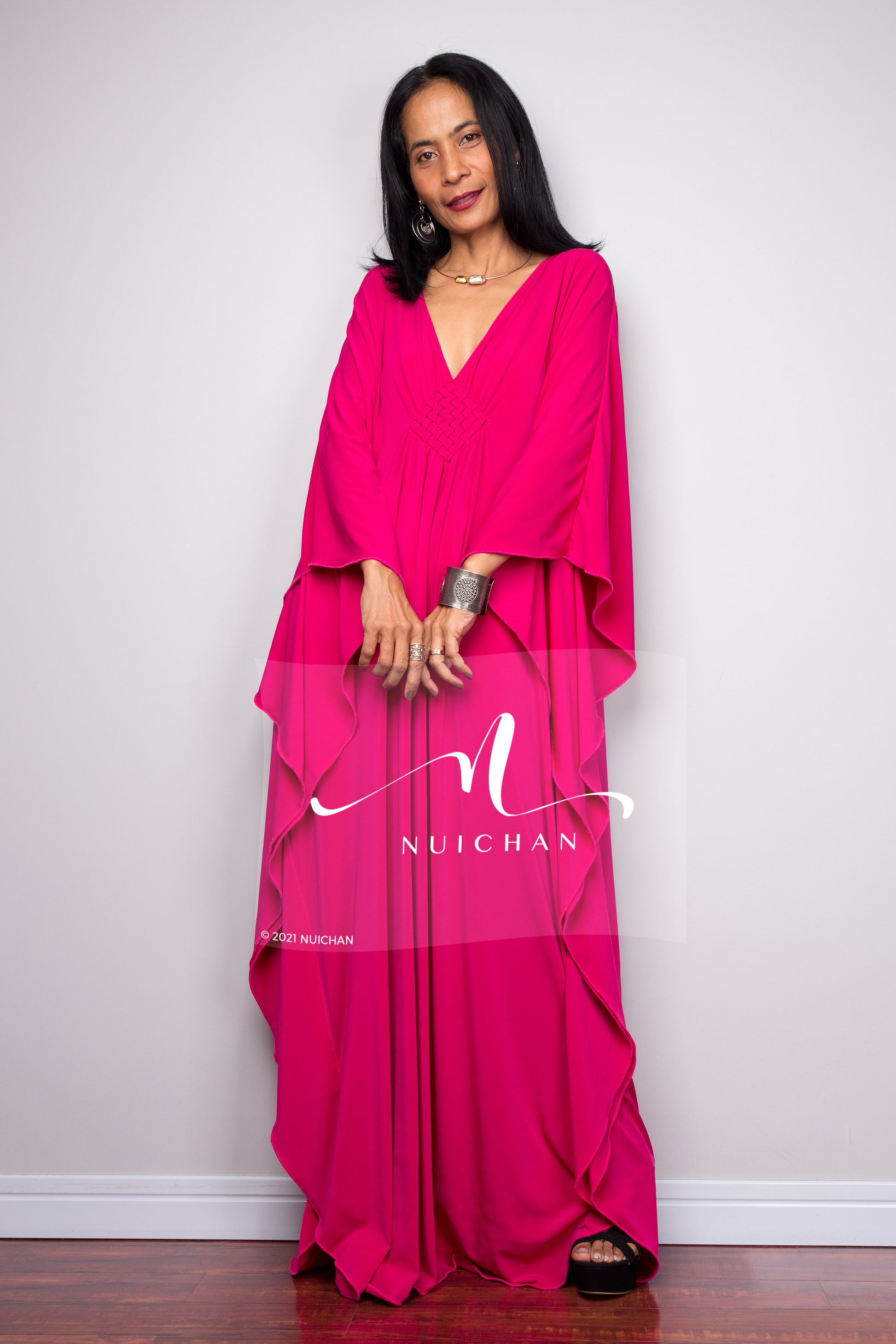 Hot Pink Kaftan dress with braided diamond chest detail