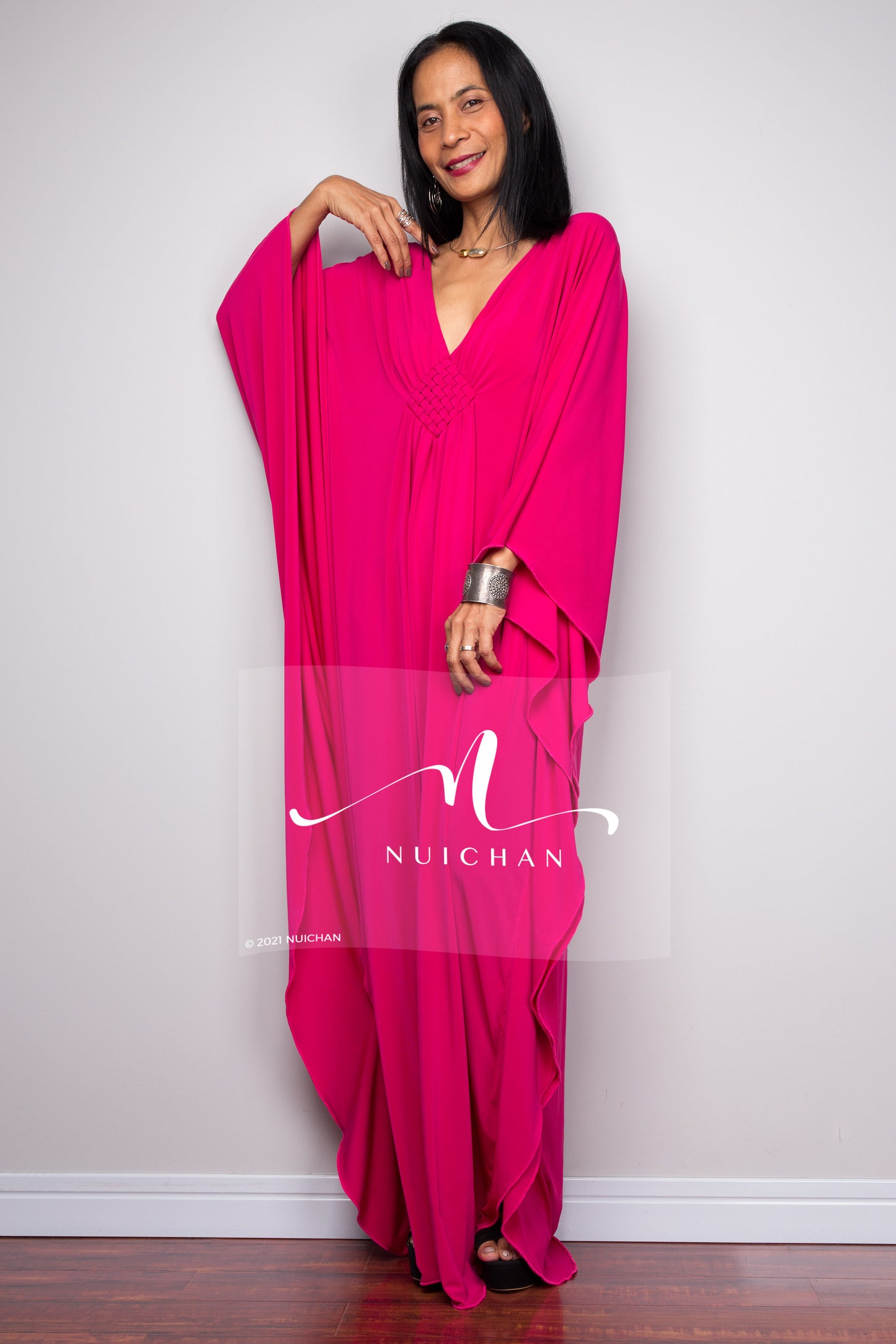 Hot Pink Kaftan dress with scooping v neck