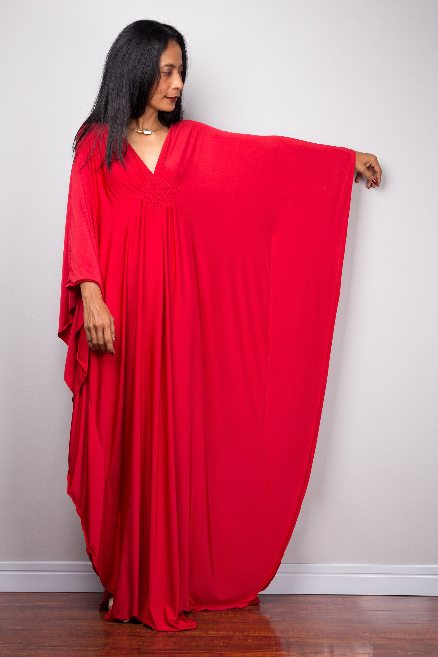 Large red kaftan dress with batwing sleeve - front view