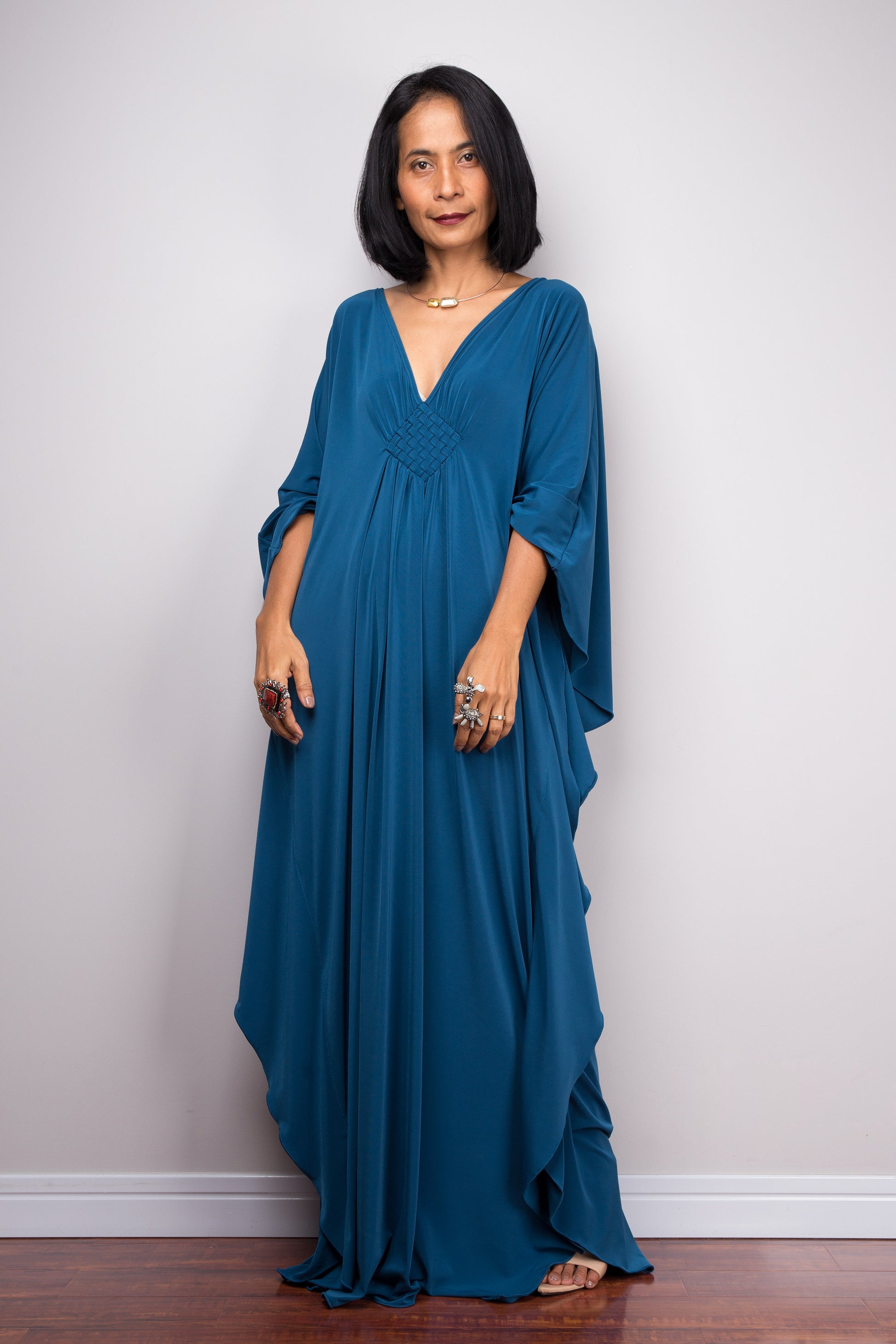 Teal kaftan dress with batwing sleeves - front view