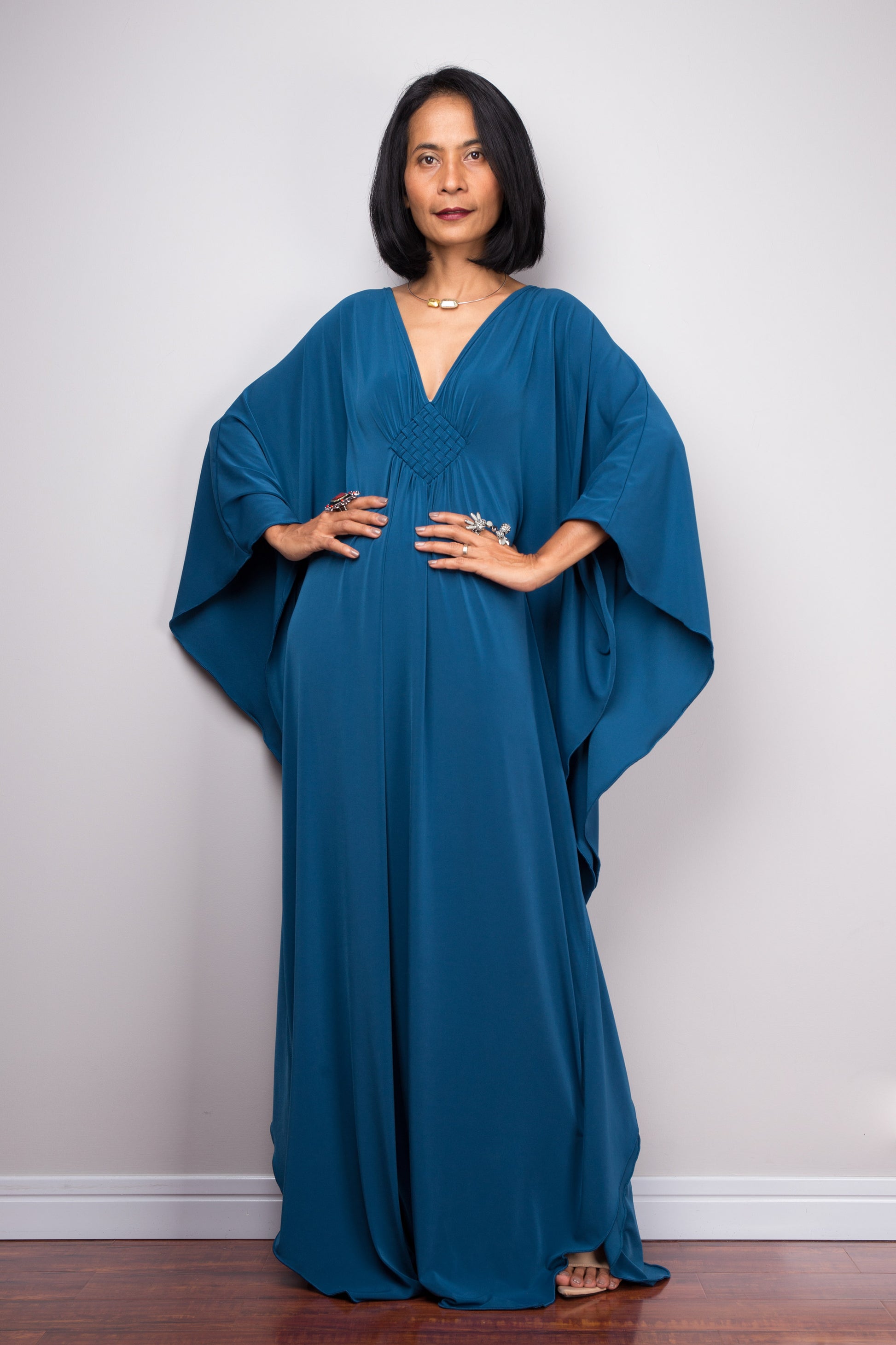 Batwing sleeve kaftan dress in teal jade colour with braided diamond detail on the chest