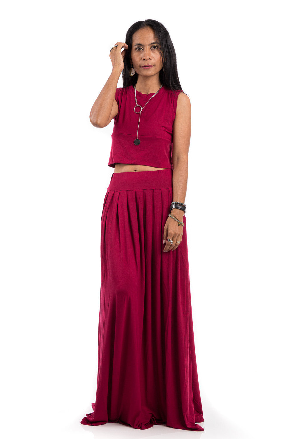 Red maxi skirt.  Long pleated skirt with high waist band and pockets on either side. 