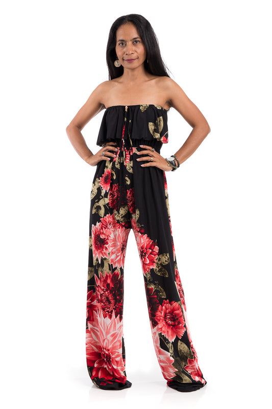  A gorgeous floral jumpsuit which can be worn strapless. This ruffle jumper has elastic on the top part and around the waist to ensure a perfect fit.