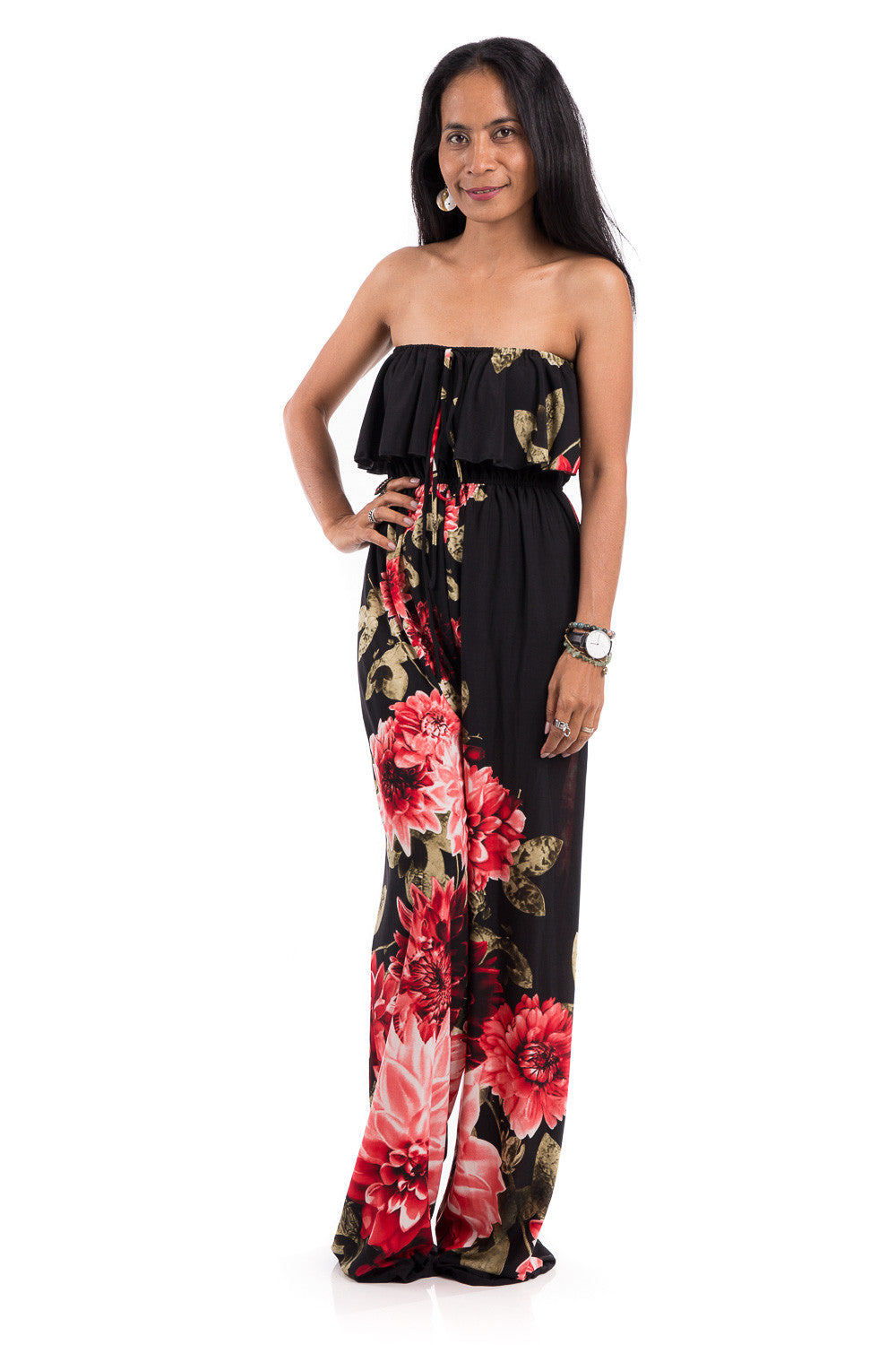  A gorgeous floral jumpsuit which can be worn strapless. This ruffle jumper has elastic on the top part and around the waist to ensure a perfect fit.