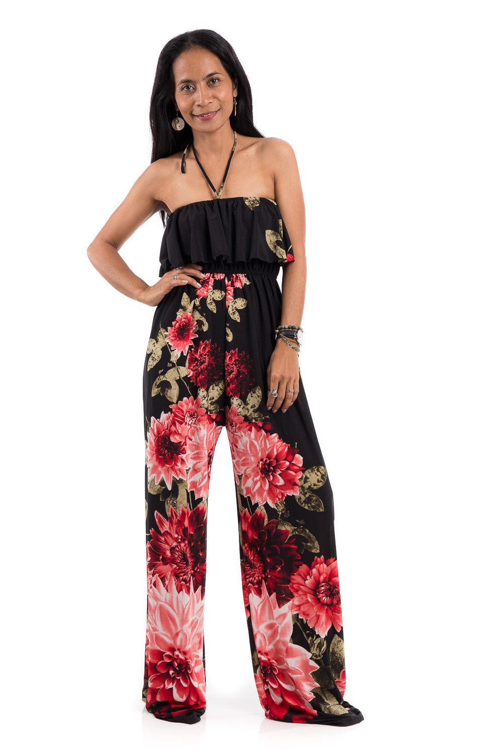  A gorgeous floral jumpsuit which can be worn strapless. This ruffle jumper has elastic on the top part and around the waist to ensure a perfect fit.