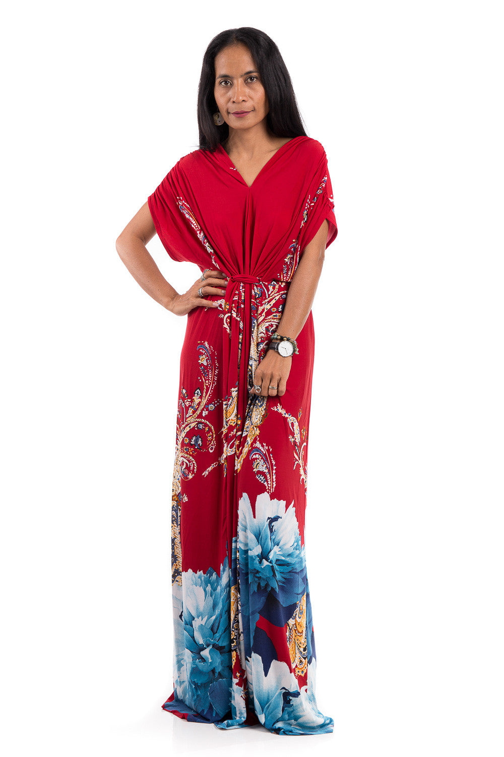 Red kimono top dress with short sleeves.  Big flower print dress with high waist.