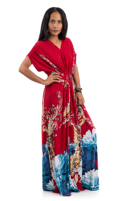 Red kimono top dress with short sleeves.  Big flower print dress with high waist.