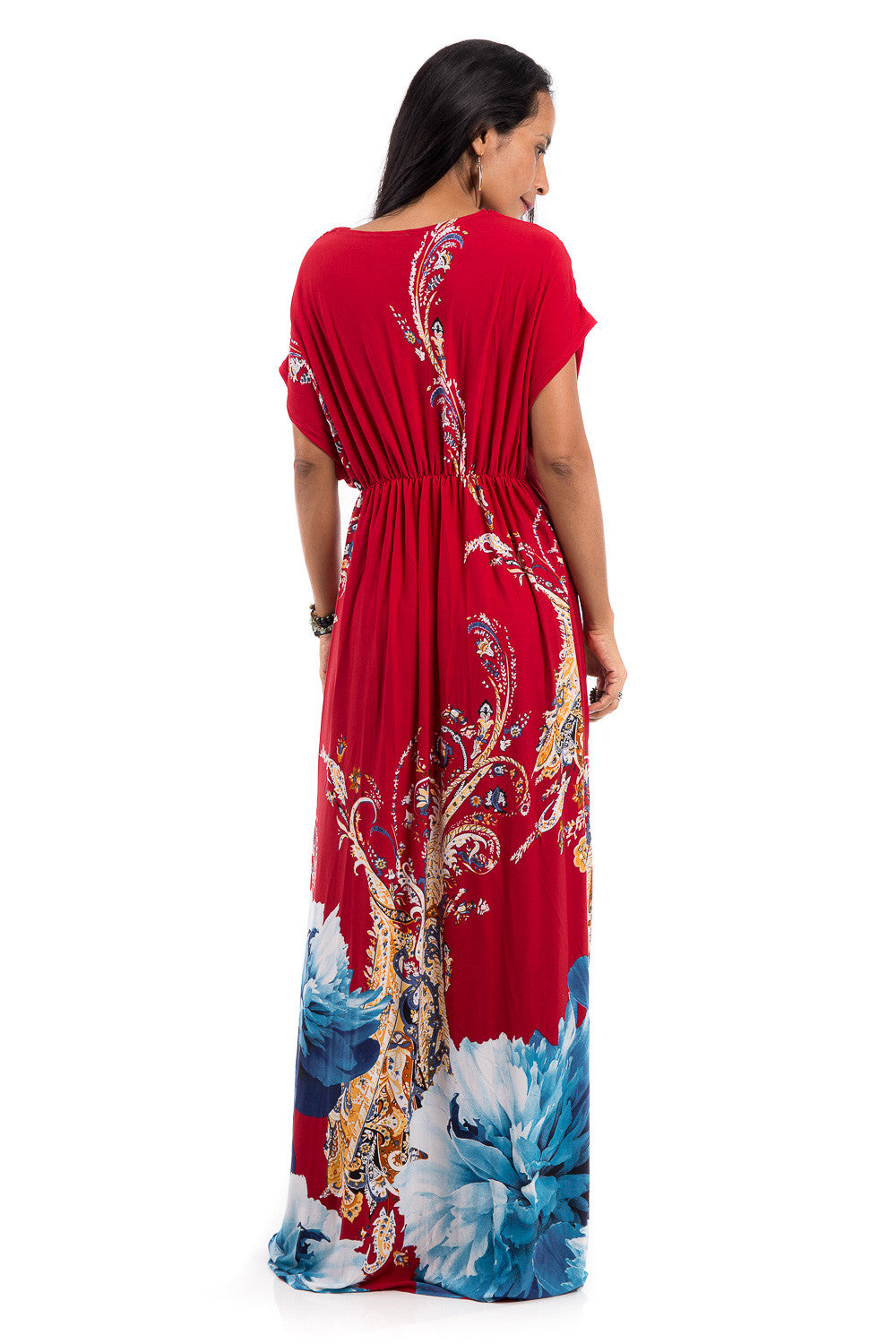 Red kimono top dress with short sleeves.  Big flower print dress with high waist.