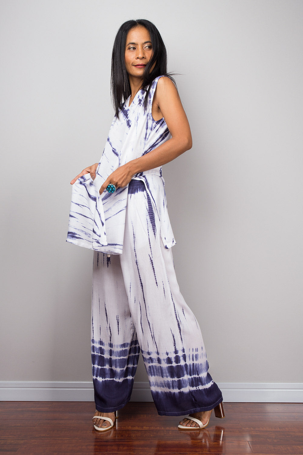 Blue and white tie dye pants with matching shibori top by Nuichan