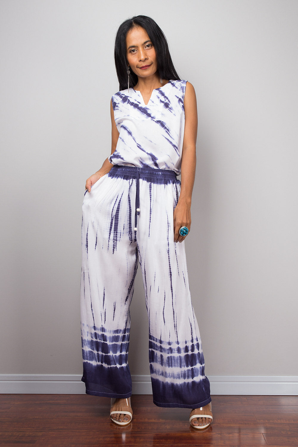 Blue and white tie dye top with matching shibori pants by Nuichan