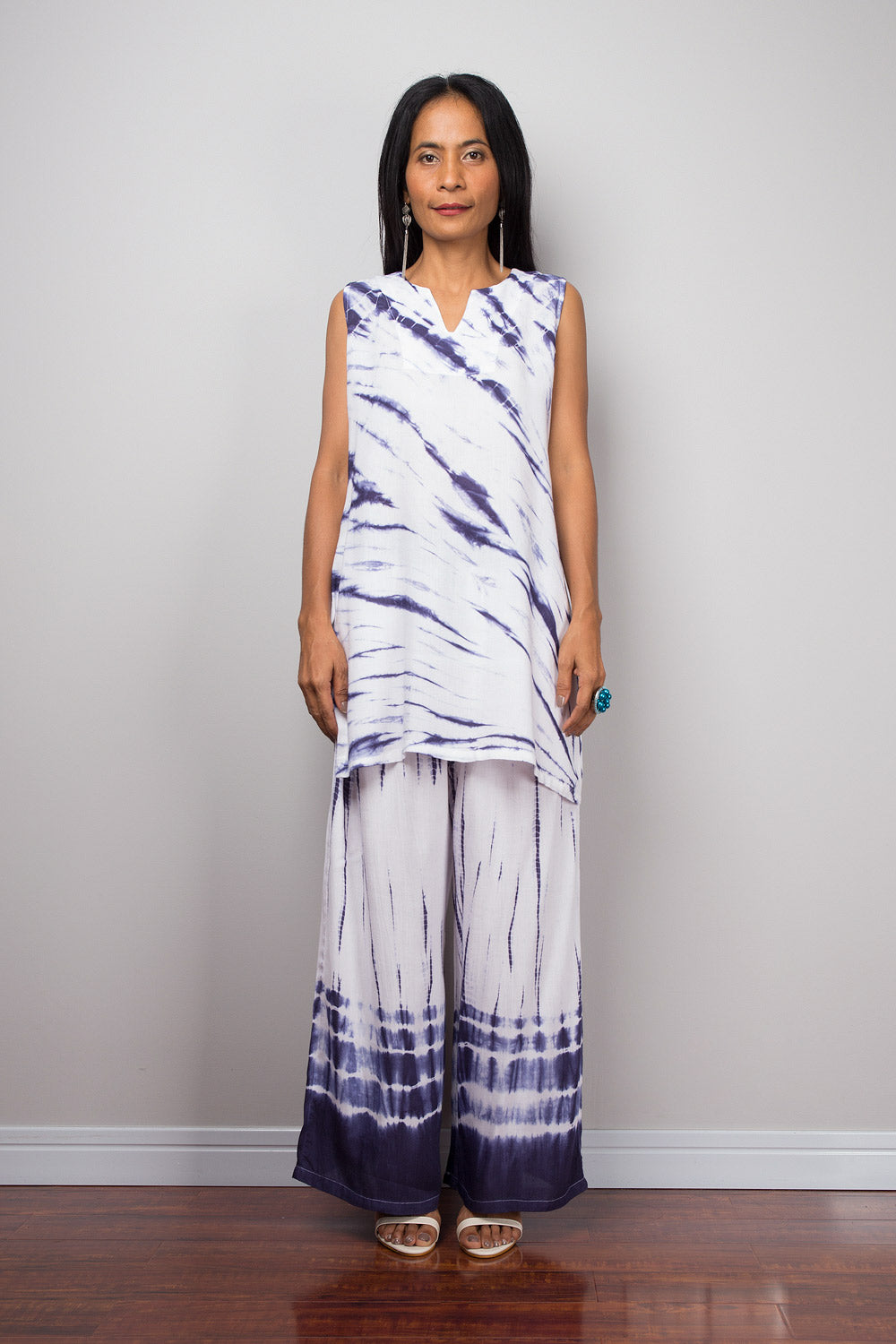 Blue and white shibori tie dye top with matching pants by Nuichan