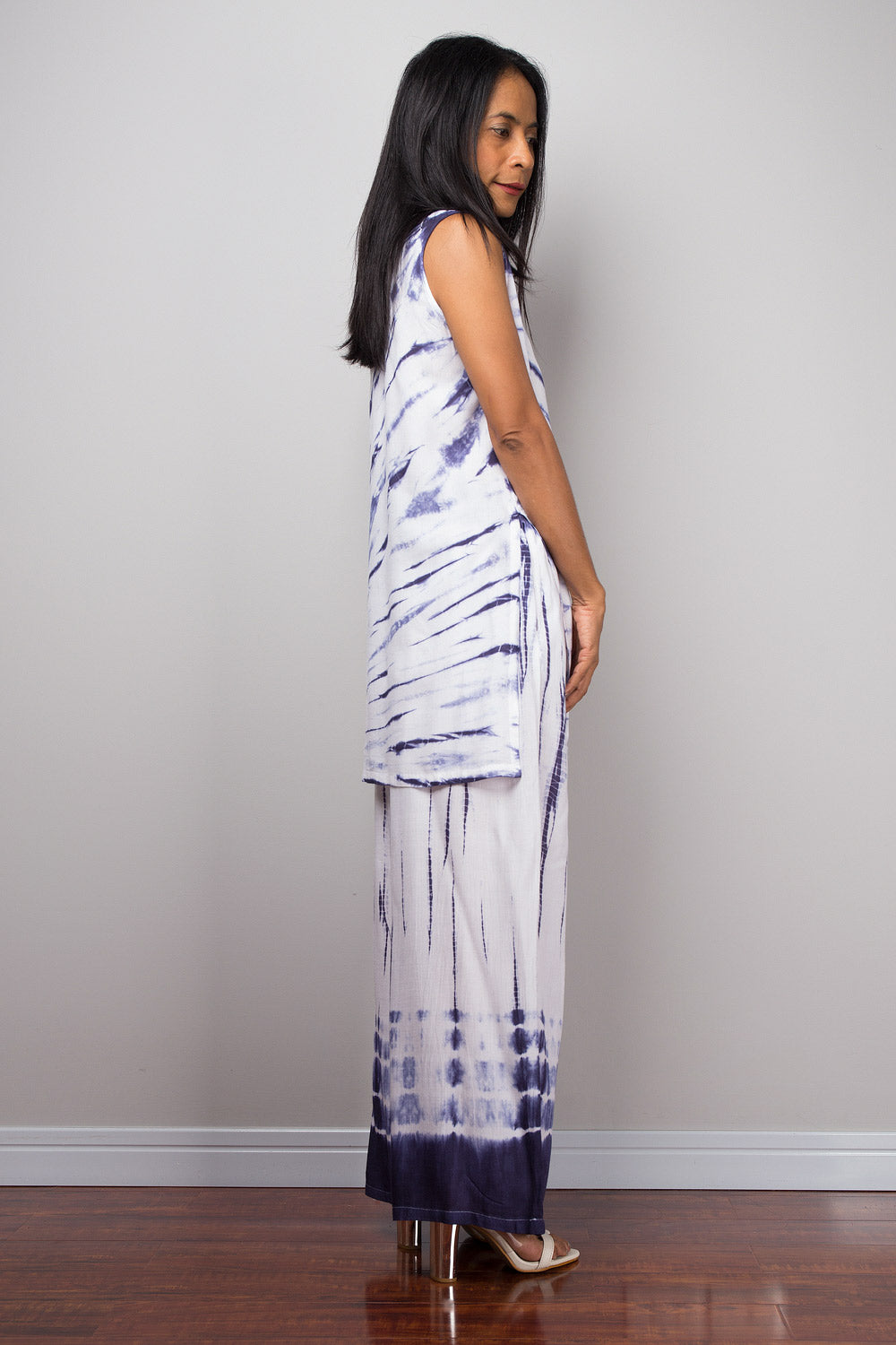 Blue and white tie dye matching set by Nuichan. Side view