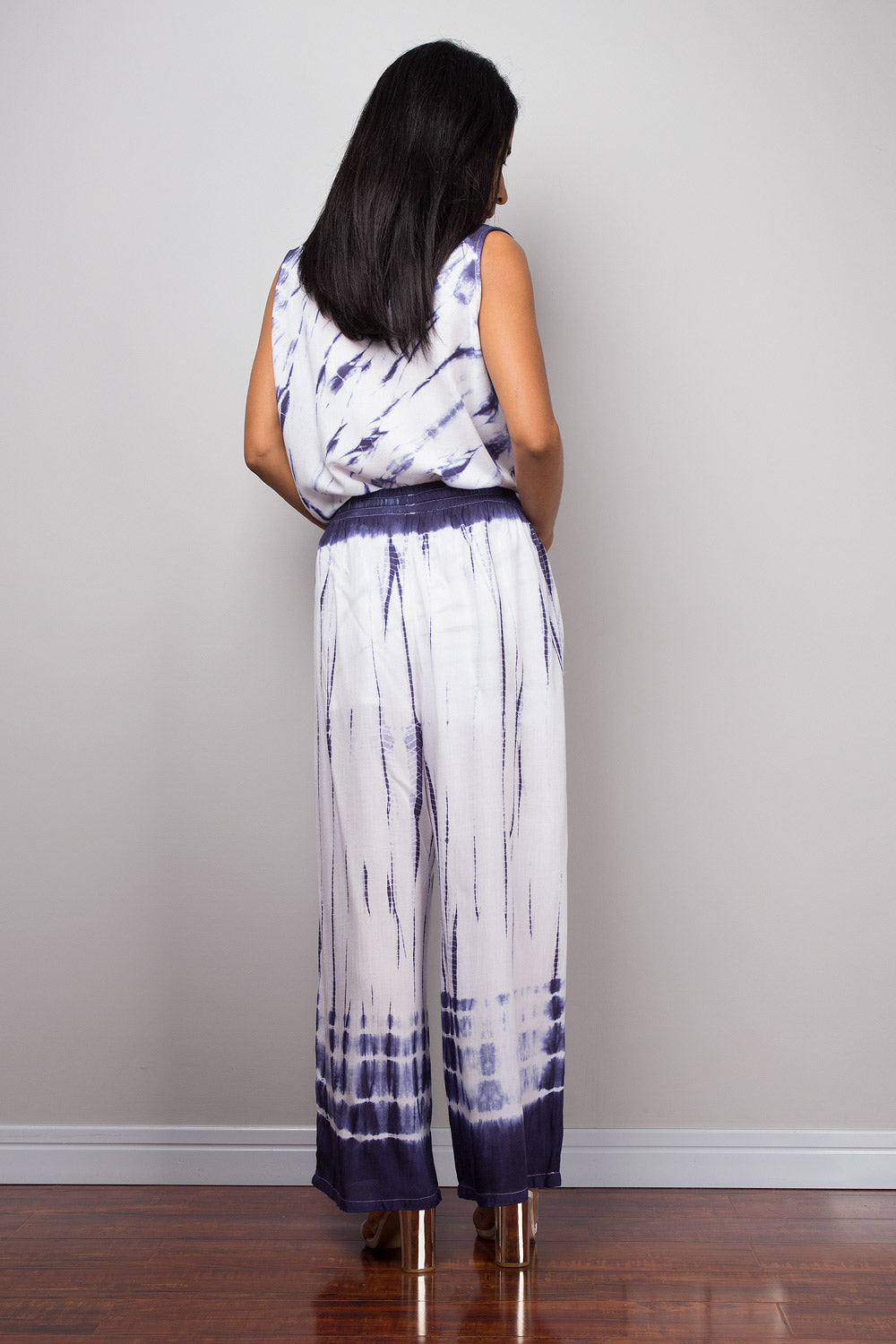 Blue and white tie dye pants and top set.  Shibori design by Nuichan