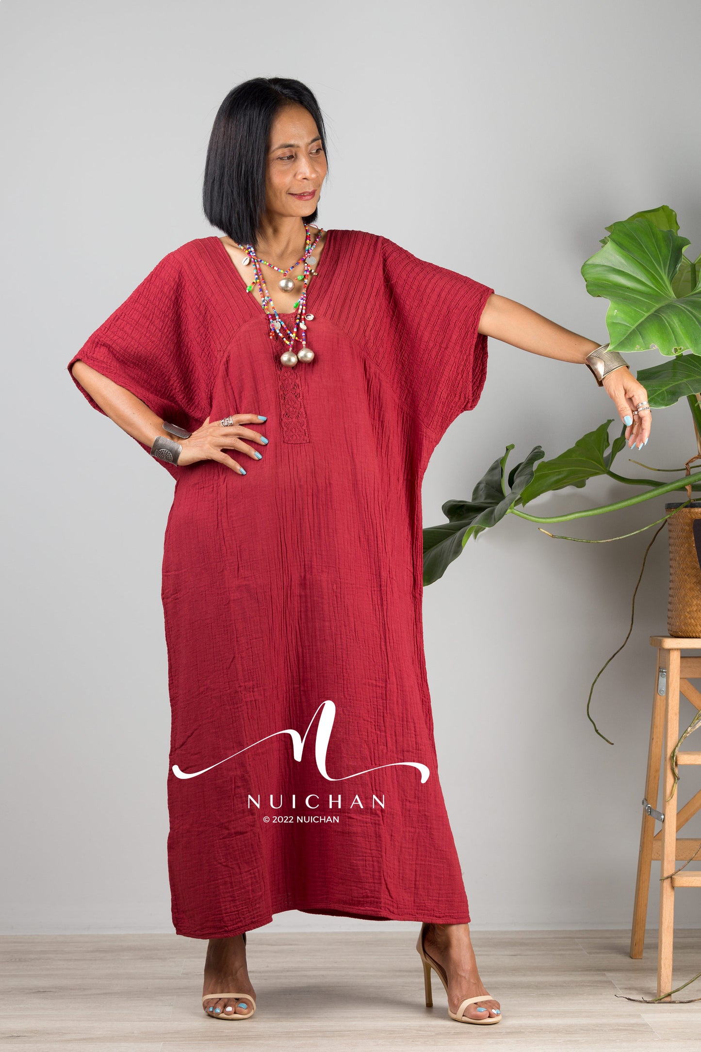 Nuichan women's cotton kaftan dress | Lightweight red summer dress