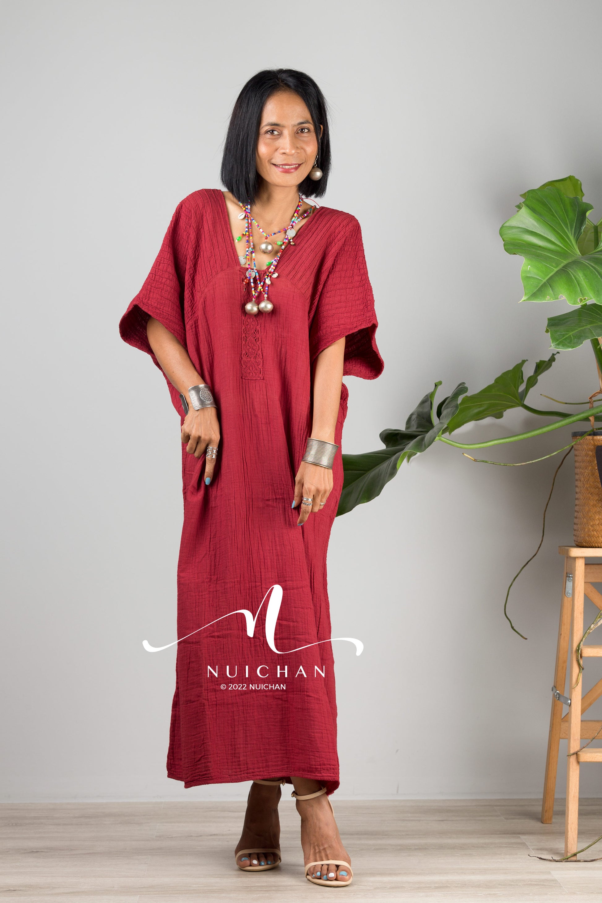 Nuichan women's cotton kaftan dress | Lightweight red summer dress