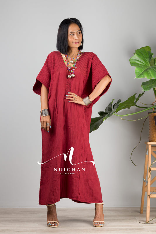 Nuichan women's cotton kaftan dress | Lightweight red summer dress