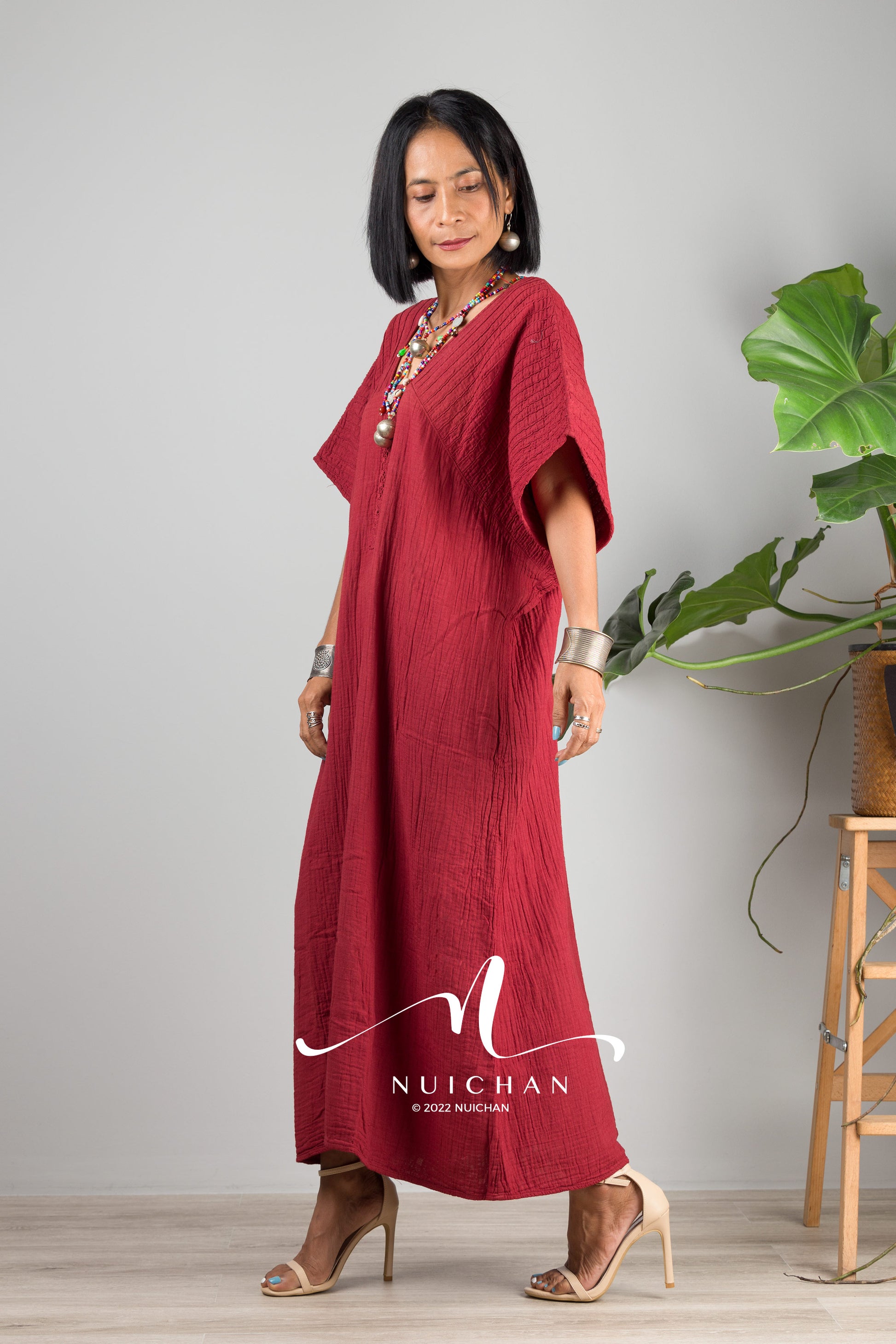 Nuichan women's cotton kaftan dress | Lightweight red summer dress