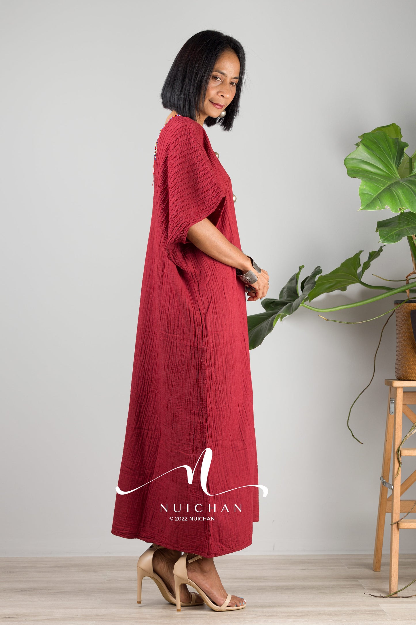 Nuichan women's cotton kaftan dress | Lightweight red summer dress