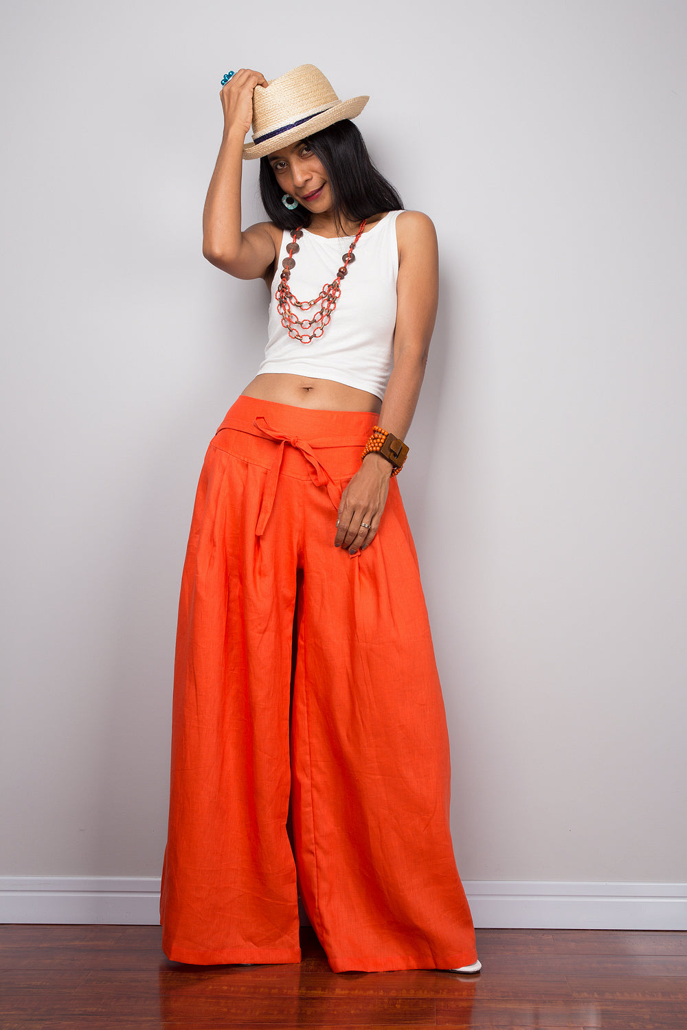 Linen Pants - Wide Leg Pants - Orange Pants