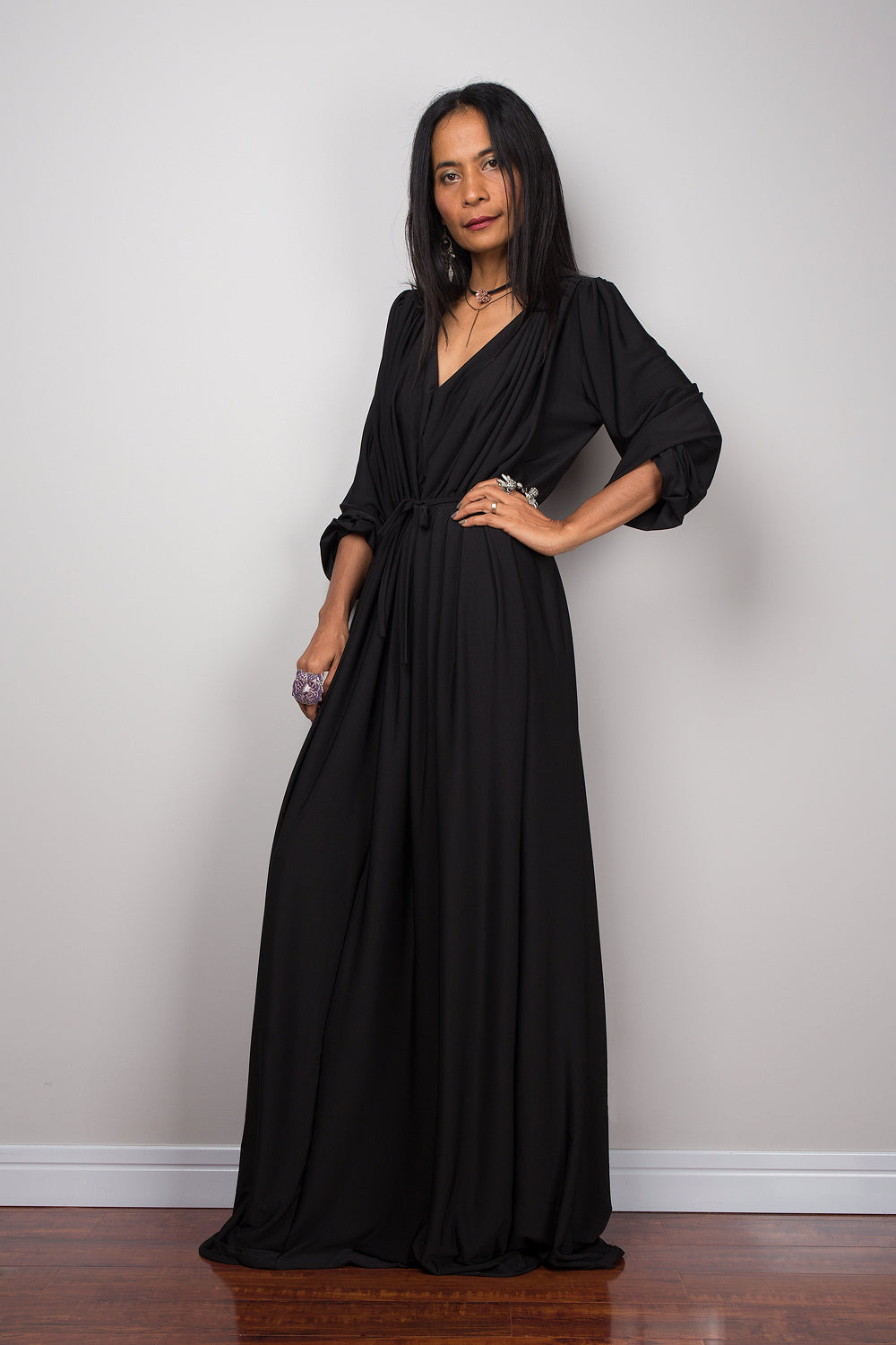 Long black dress with long sleeves