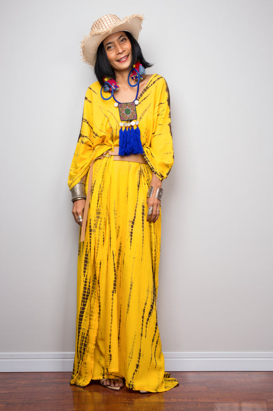 Tie Dye kaftan dress, Yellow loose fit resort dress by Nuichan