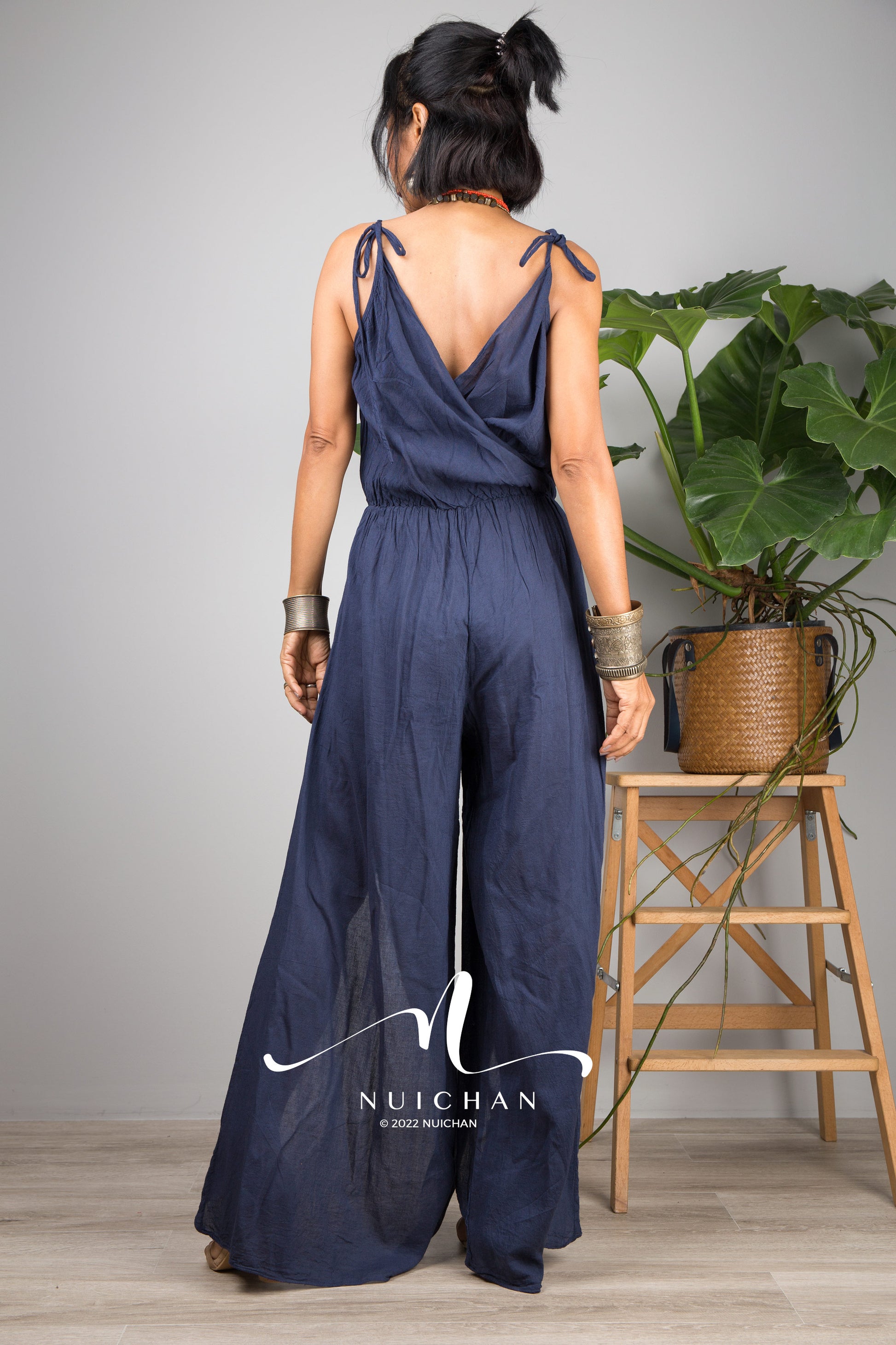 Nuichan women's cotton jumpsuit | Blue cotton cami jumper with splits