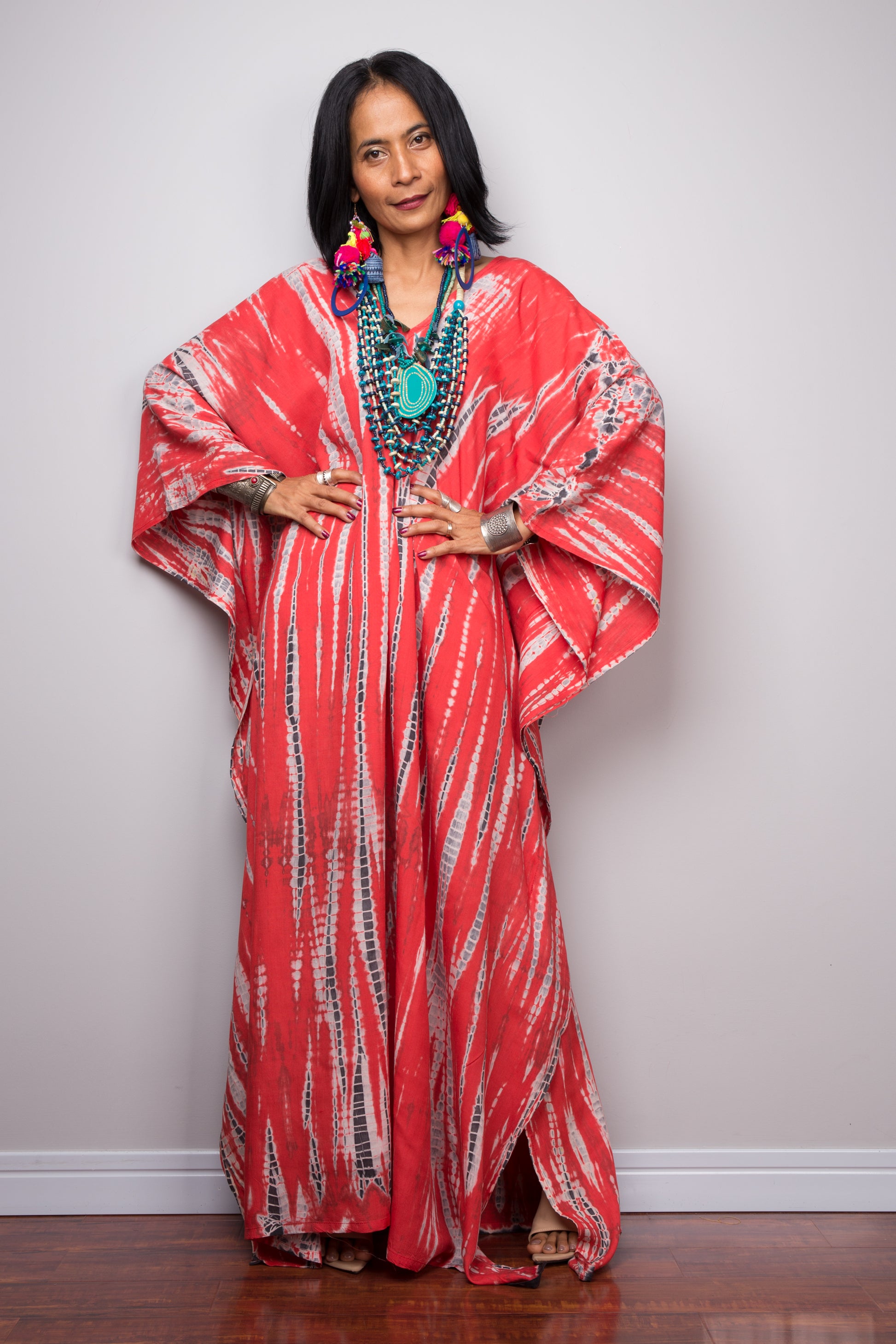 Long tie dye kaftan dress by Nuichan.  Red beach dress for sale 