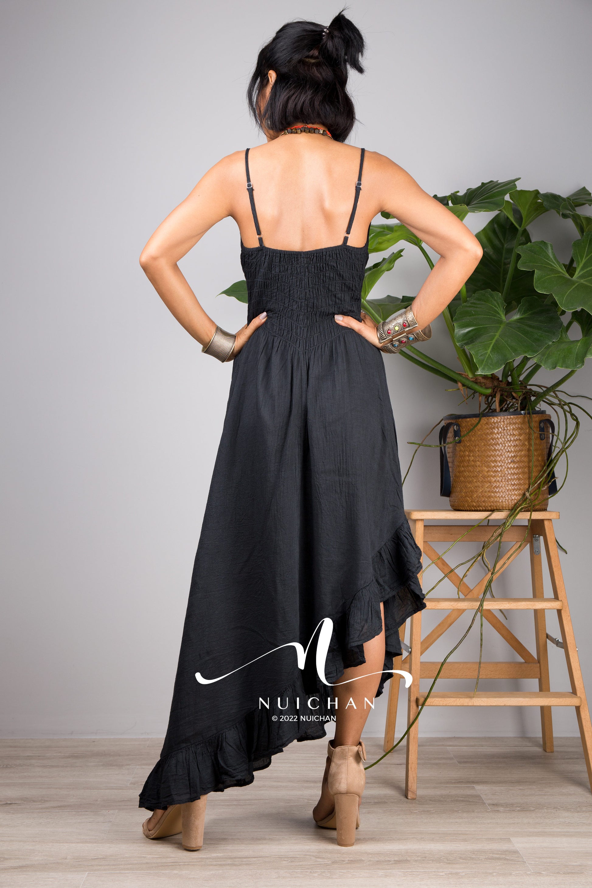 Nuichan Women's cotton strap dress | Summer beach dress in black 