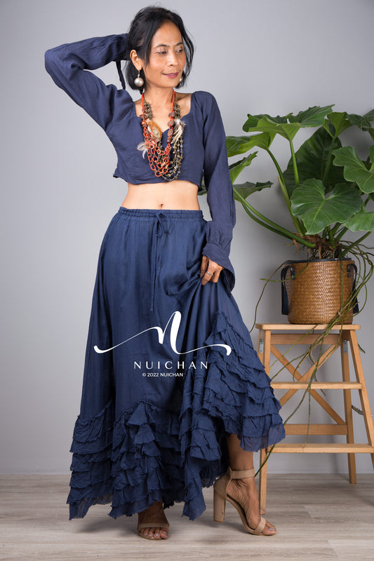 Nuichan Women ruffle boho blue maxi skirt, Summer cotton skirt and top